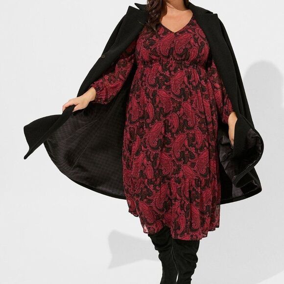 New Red and Black  Paisley Tea Length Clip Dot Open Back A-Line Dress - Picture 1 of 11
